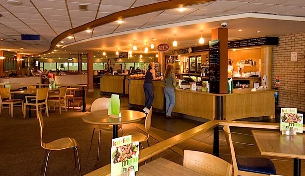 Coffee shop area inside Premier Inn Hotel Cardiff (Roath)
