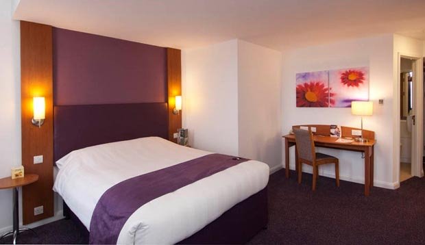 Double bedroom with desk and en-suite bathroom at Premier Inn Coventry City Centre