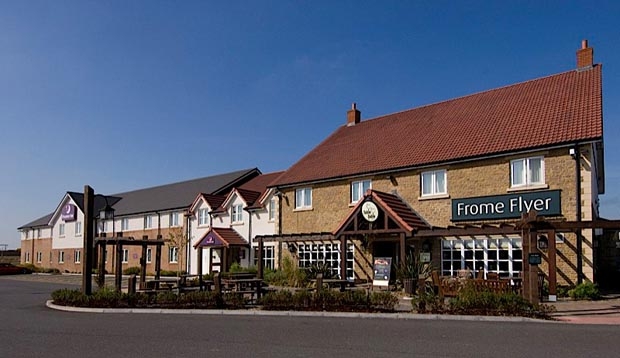 Exterior of Premier Inn Hotel Frome showing surrounding area