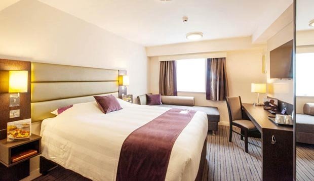 Bedroom inside Premier Inn Hackney hotel with king size Hypnos bed