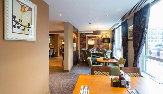 Restaurant area at Premier Inn London St Pancras hotel