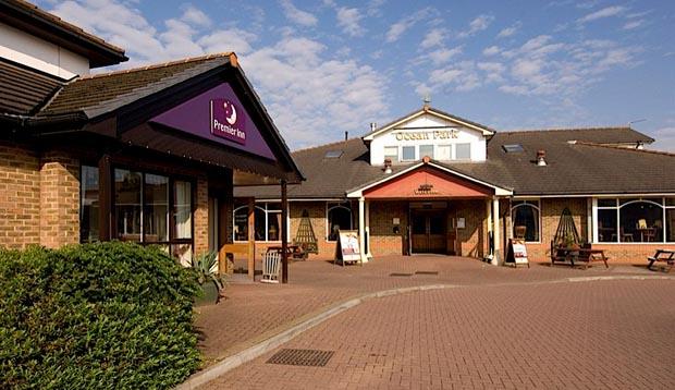Exterior of reception at Premier Inn Hotel Cardiff City South