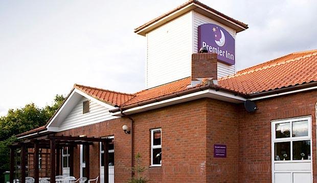 Front Door at Premier Inn Chelmsford (Springfield) hotel showing Premier Inn sign