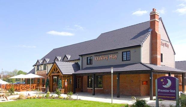 Back exterior of Premier Inn Corby hotel with restaurant