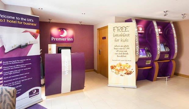 Reception area at Premier Inn Ramsgate (Manston Airport) showing self-service kiosks