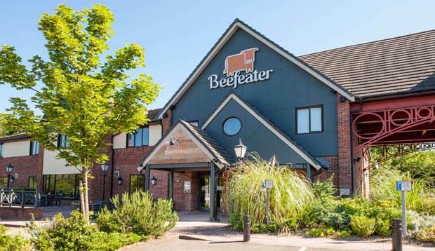 Exterior of Premier Inn Telford Central showing Beefeater restaurant