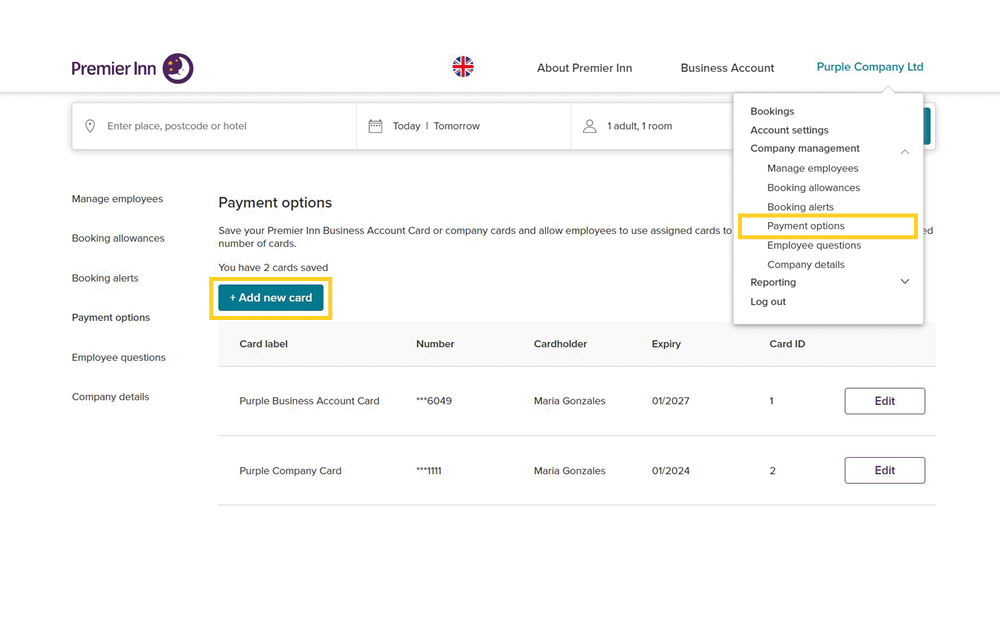 How do I add a new company payment card?