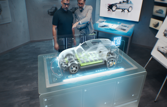 Autoingenieure im Gespräch vor 3D Modell