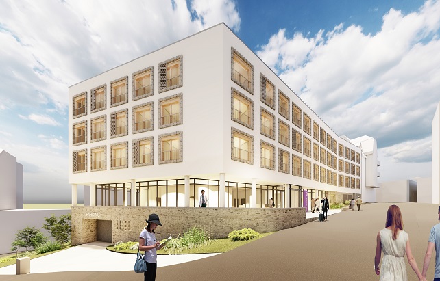 Visualisierung Premier Inn_Ansicht Kapellengasse Ecke - copyright Büro Marggraf – Marggraf Architektur (marggraf-architektur.de)