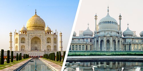 Taj Mahal, Agra, India and Royal Pavilion, Brighton