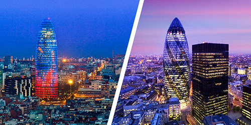 The Torre Glòries, Barcelona, Spain and The Gherkin, London
