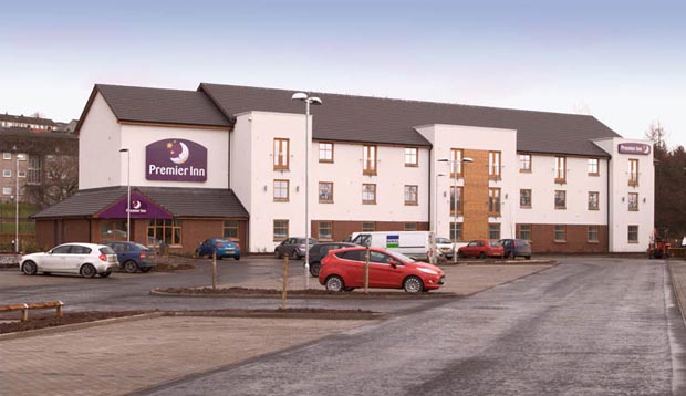 Exterior of Premier Inn Hotel Dumbarton with car park