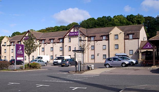 Exterior of Premier Inn Hotel Dundee North showing car park
