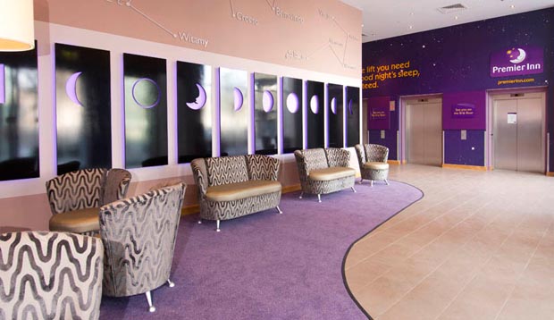Reception area at Premier Inn London Stratford hotel