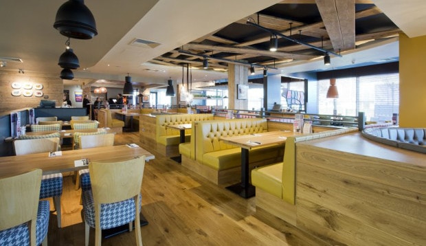 Restaurant area at Premier Inn London Uxbridge hotel