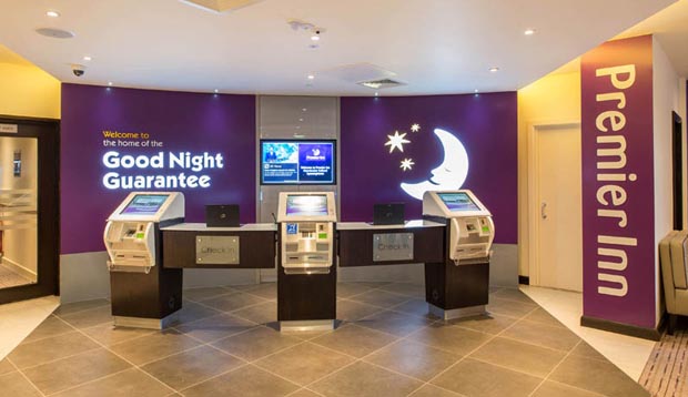 Inside reception at Premier Inn Manchester Salford Central hotel