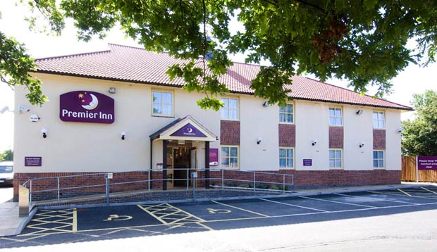 Exterior of Premier Inn Telford North showing car park